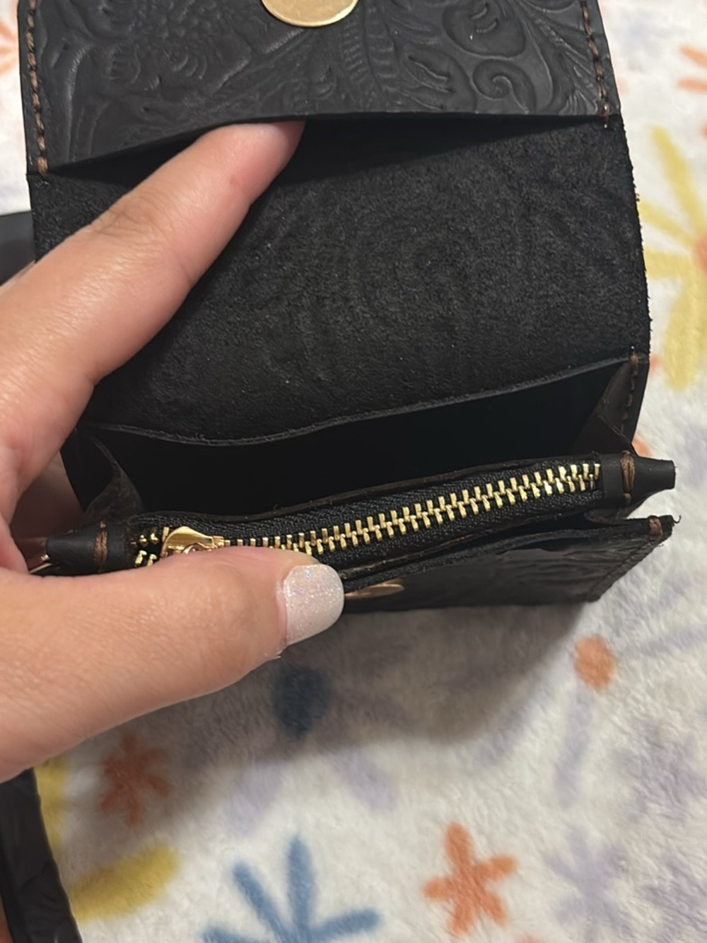 Black Embossed Leather Mini Wallet with Gold Zipper
